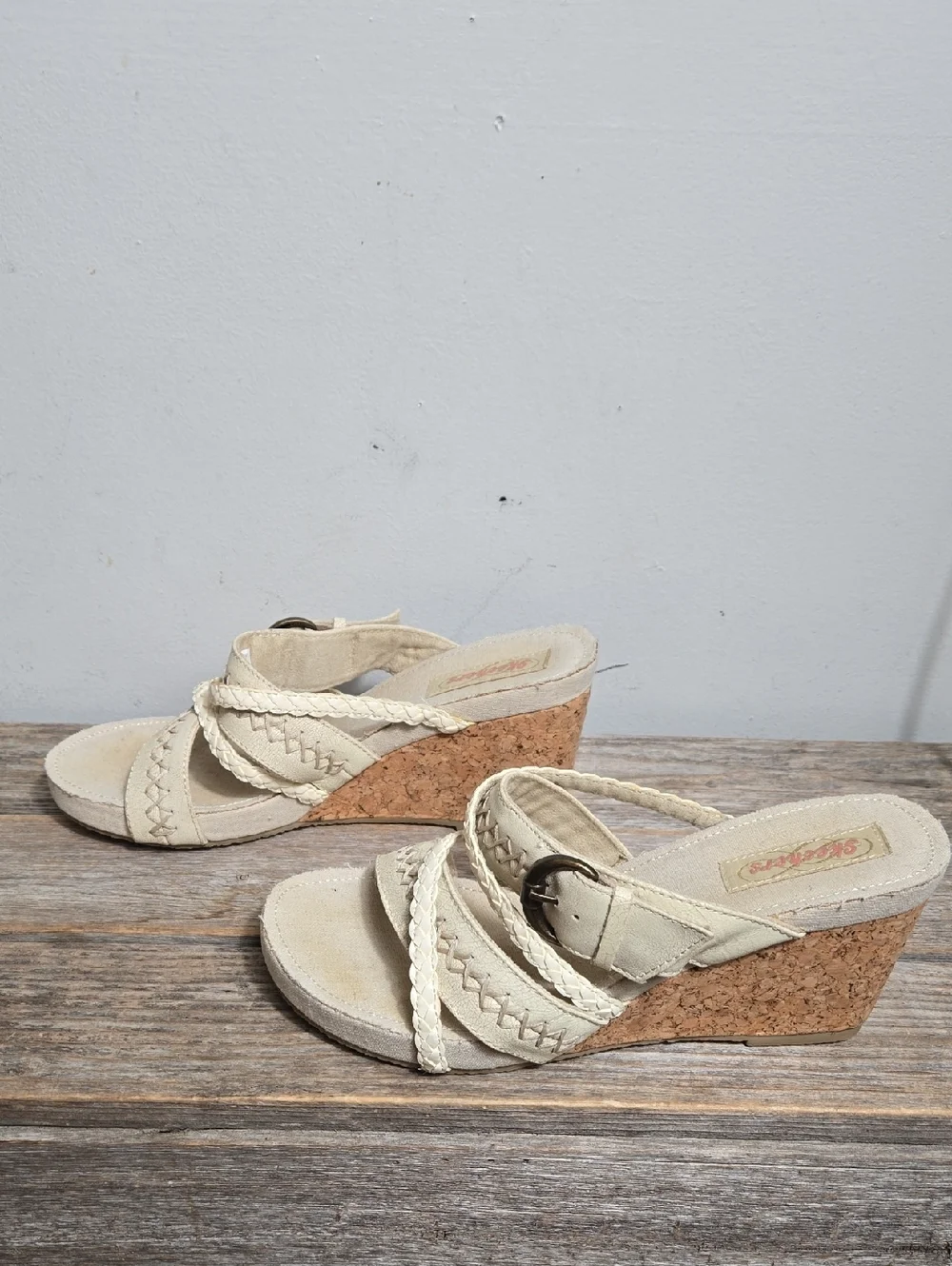 Skechers Y2K Vintage Cream Beige Cork Wedge Sandals